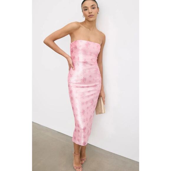 LoveShackFancy Stasia Sequin Midi Dress Floral Strapless Sparkle Flamenco Pink - Picture 5 of 16